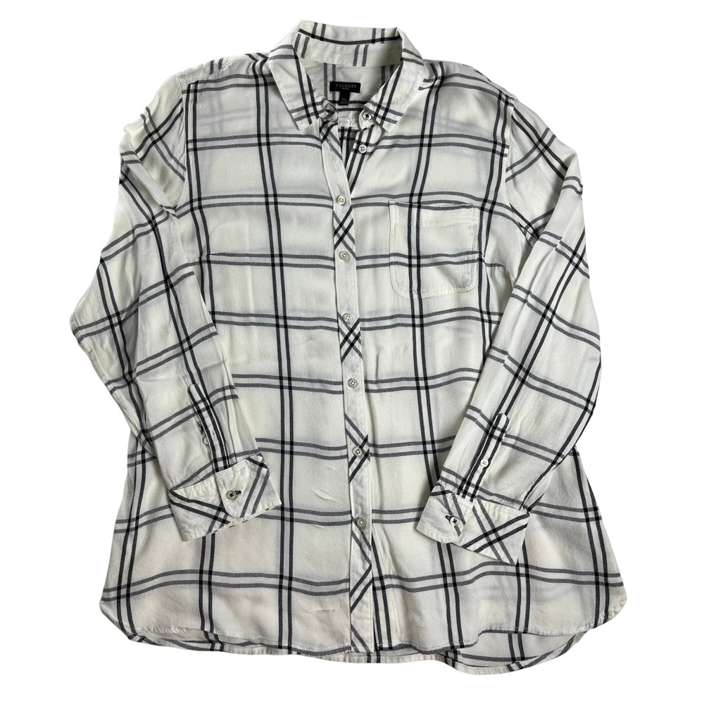 Talbots Cream Windowpane Plaid Button Down Rayon Shirt Petite XLP Preppy